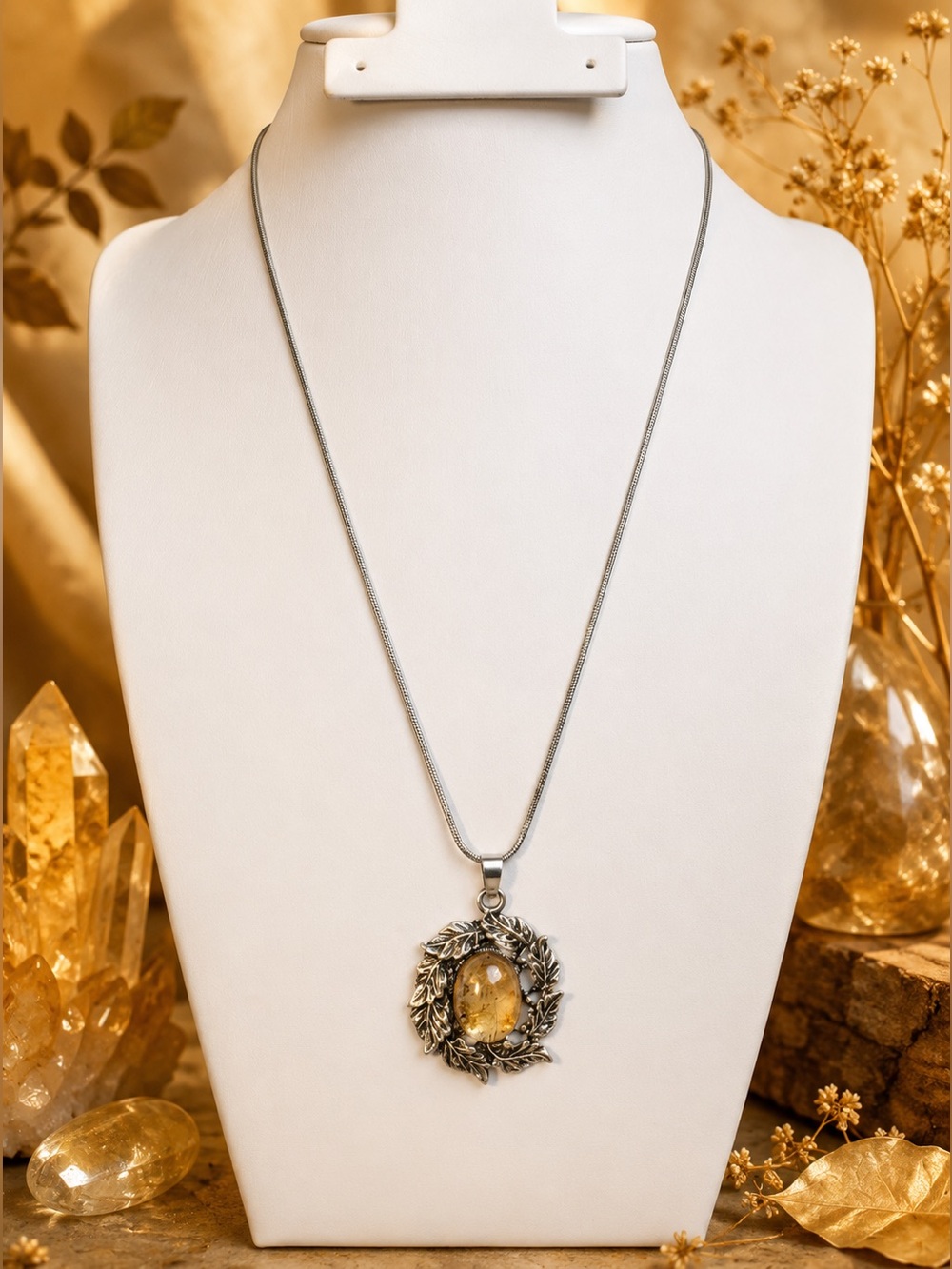 Genuine Citrine Cabochon Pendant Necklace Botanical Silver Tone 18”